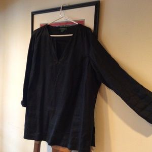 Ralph Lauren Black Linen Split neck Top